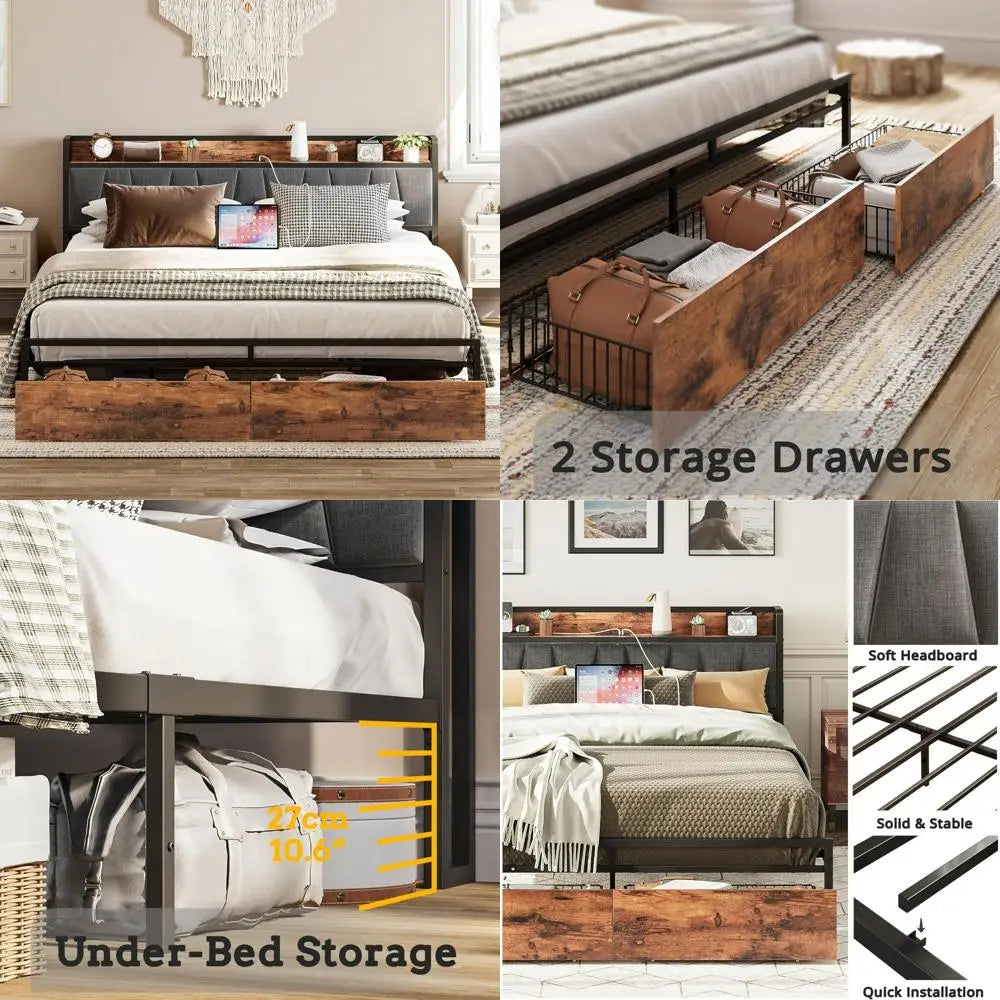 "king-size bed frame with storage headboard, charging station, and underbed drawers - no box spring required, easy assembly"