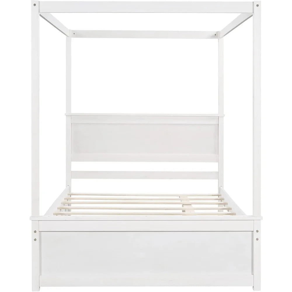 Full Size Canopy Bed with Trundle and Headboard, Solid Wood Four Poster Bed Frame with Support Slats, Wood Canopy Platform Bed f