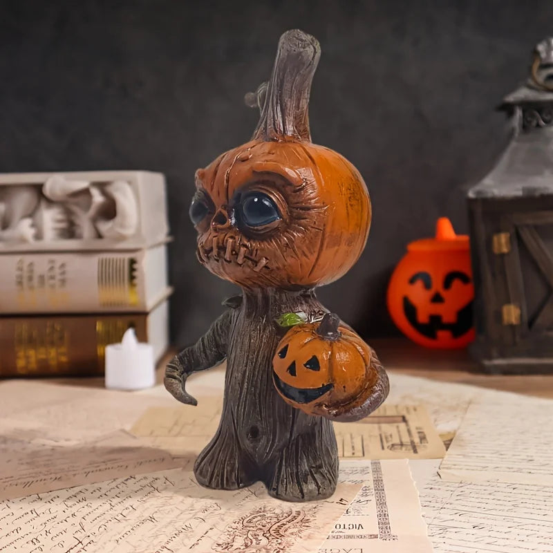 Halloween Pumpkin Tree Stump Figurine. Resin Jack-O’-Lantern Character Statue for Spooky Fall & Halloween Home Décor