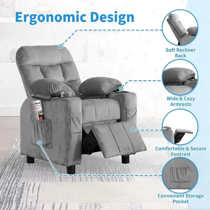 Toddlers Kids Recliner Chair Ergonomic Adjustable Chair Footrest & Side Pockets Baby Sofa for Boys and Girls Bedroom (Gray)
