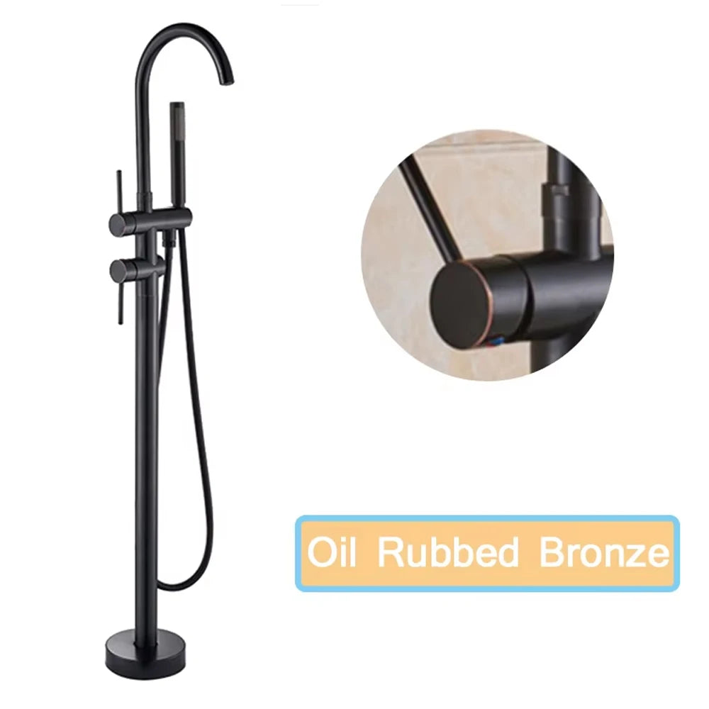 Black Floor Mounted Bathtub Faucet Hand Shower Hot Cold