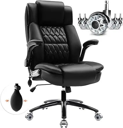 Large High Back Office Chair - Adjustable Lumbar Support Flip Up Arms Heavy Duty Quiet Wheels Metal Base Breathable Bonded Leath