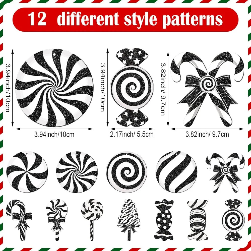60 Pcs Christmas Glitter Candy Ornaments - Cane and Lollipop Hanging Decorations,