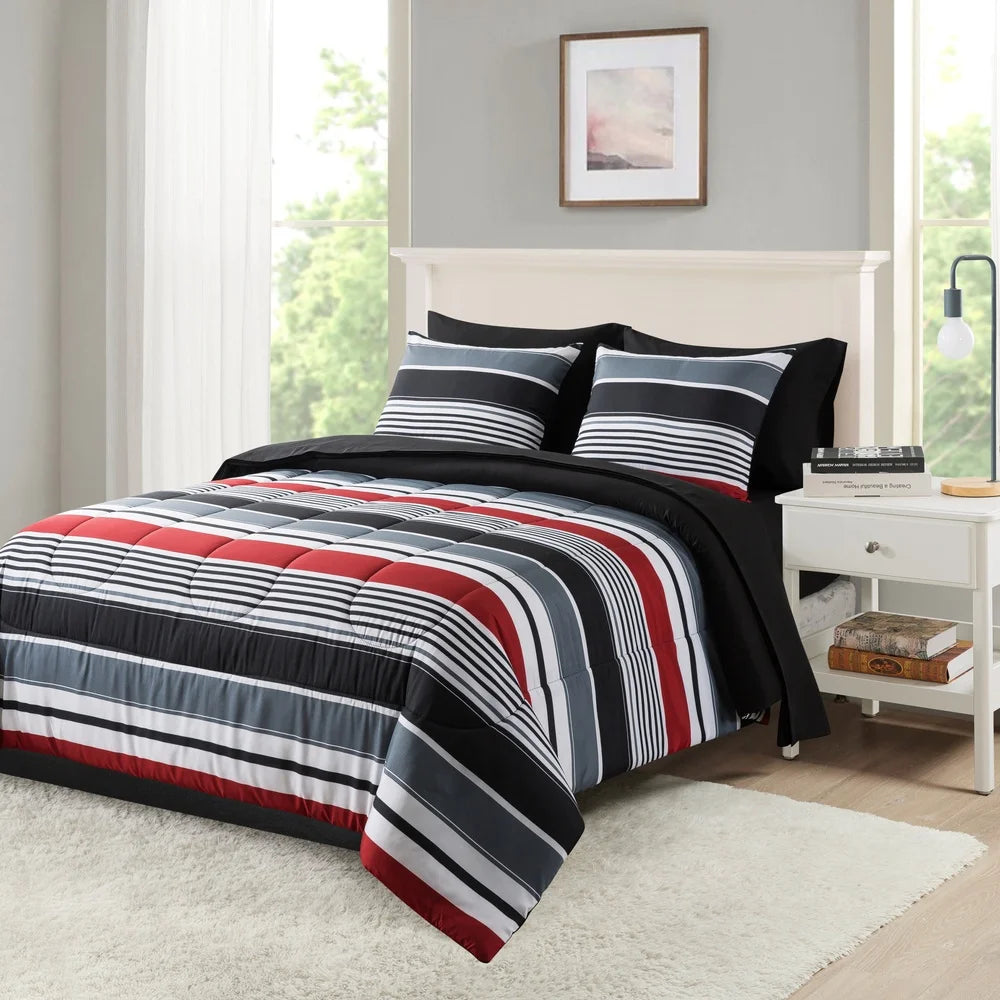 7 Piece Reversible Bedding Set Queen Comforter Sheets Pillowcases Shams Soft Polyester Machine Washable Unisex Storage Bag