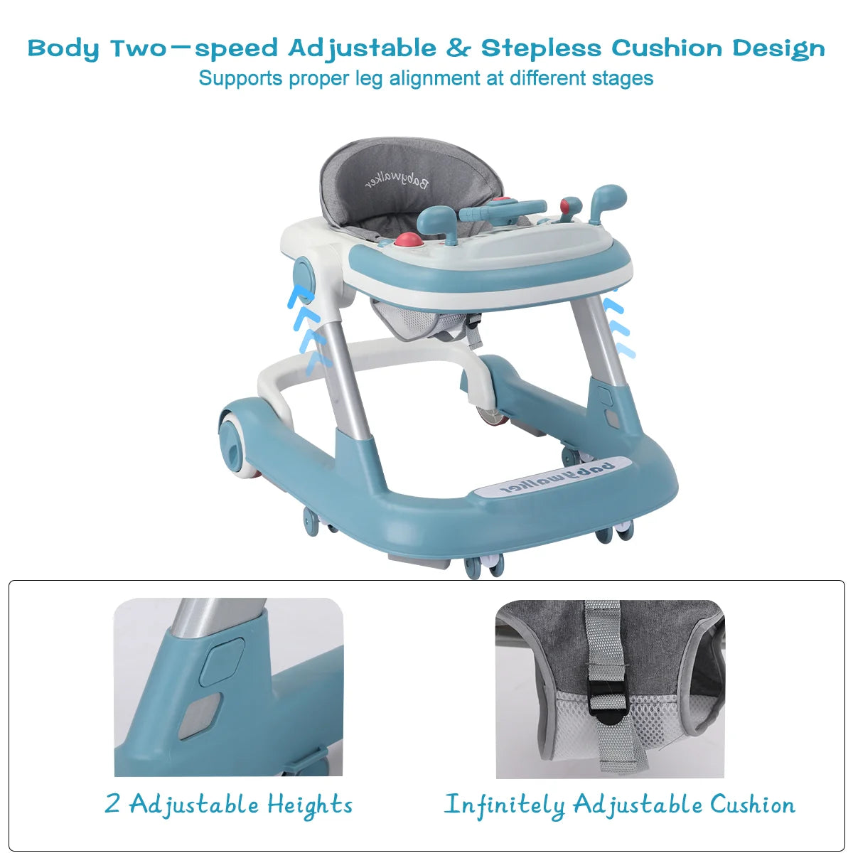 UBRAVOO Push Walker with Detachable Feeding and Music Trays, Foldable Learning Toy for Infants and Toddlers, 2 In 1 Walker