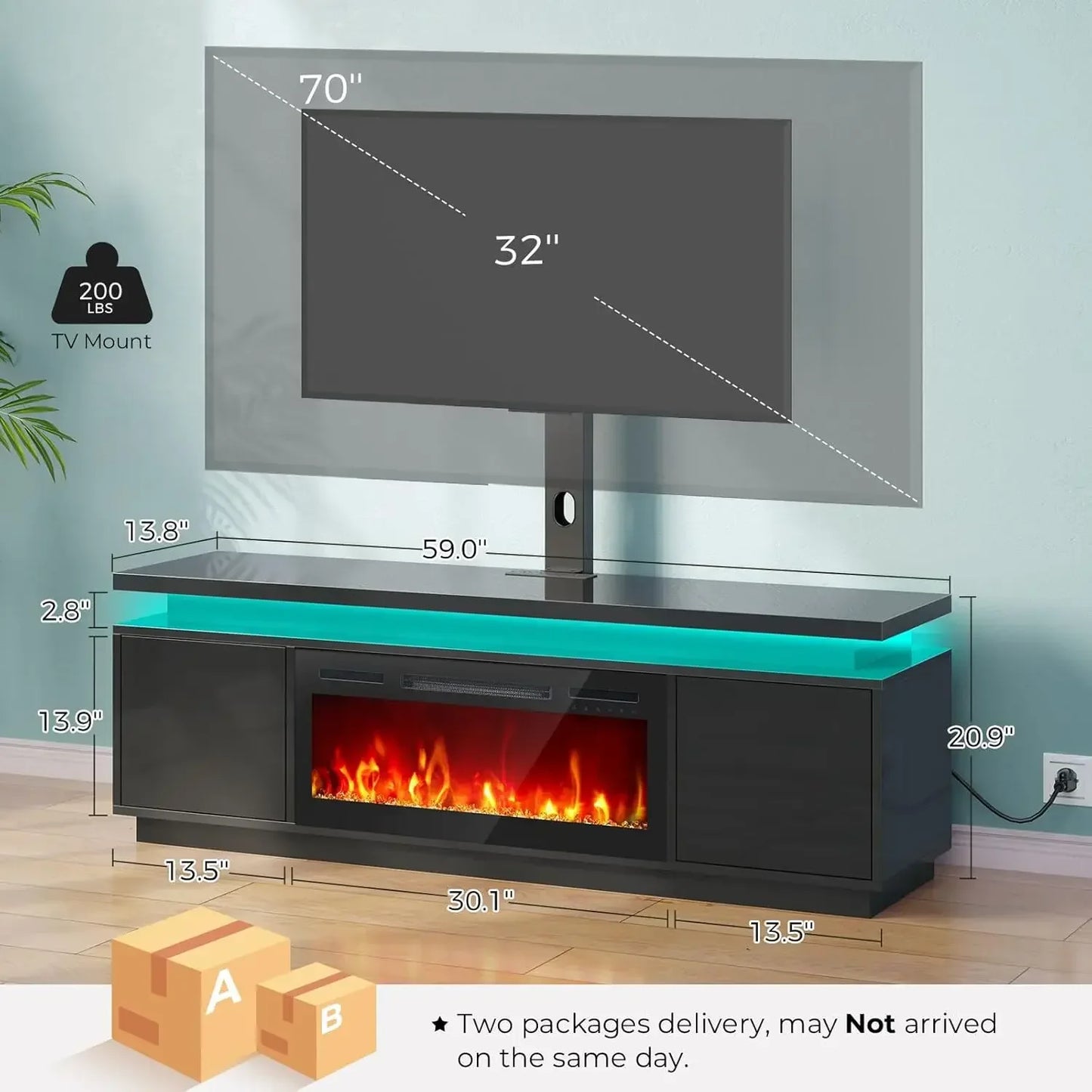 Fireplace TV Stand with Led Lights and Power Outlets, TV Stand Mount with Electric Fireplace, Black Entertainment Center