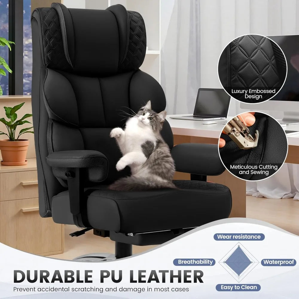 Office Desk Chair, Big and Tall Leather Gaming Chair with Footrest, Wide Ergonomic Comfy Executive High-Back Reclining Computer