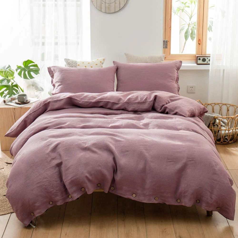 Simple&Opulence 100% Linen 3Pcs Bedding Set Natural Flax Breathable King Size with Coconut Button Comforter Duvet Cover Set