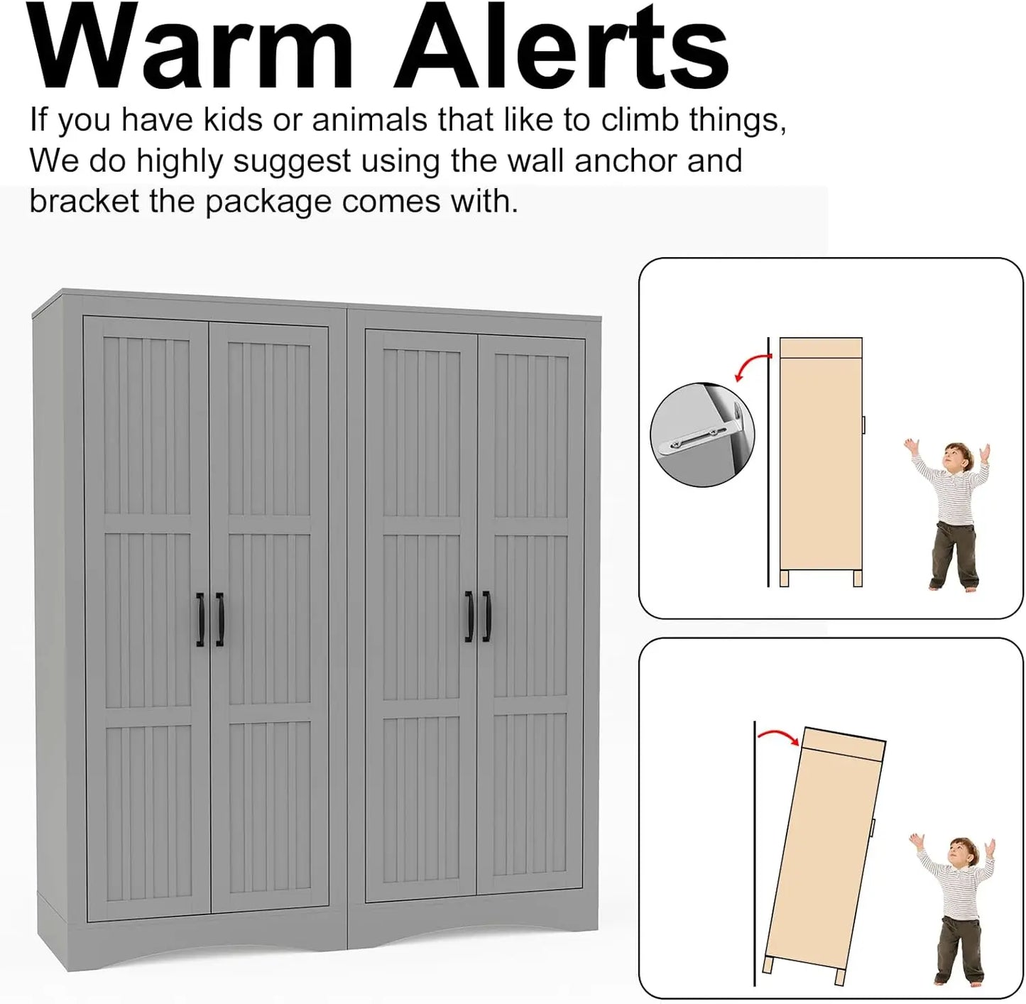 Wardrobe Closet with 4 Doors, Wooden Modern Freestanding Armoire with Shelves and Hanging Rod, Clothes Organizer Cabinet for Bed