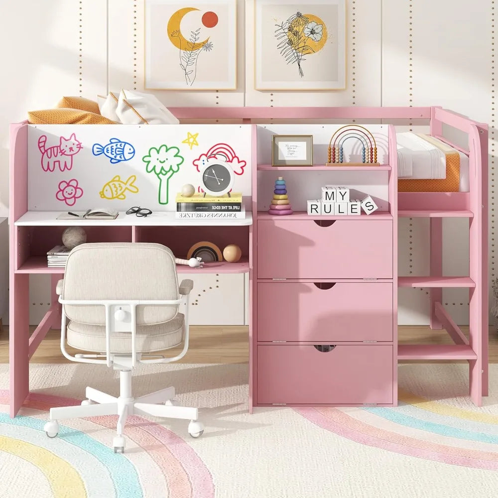Full Size Low Loft Bed,Kids Loft Bed with Storage Cabinets and Open Bookcase,No Box Spring Need, Solid Wood Low Loft Bed Frame .