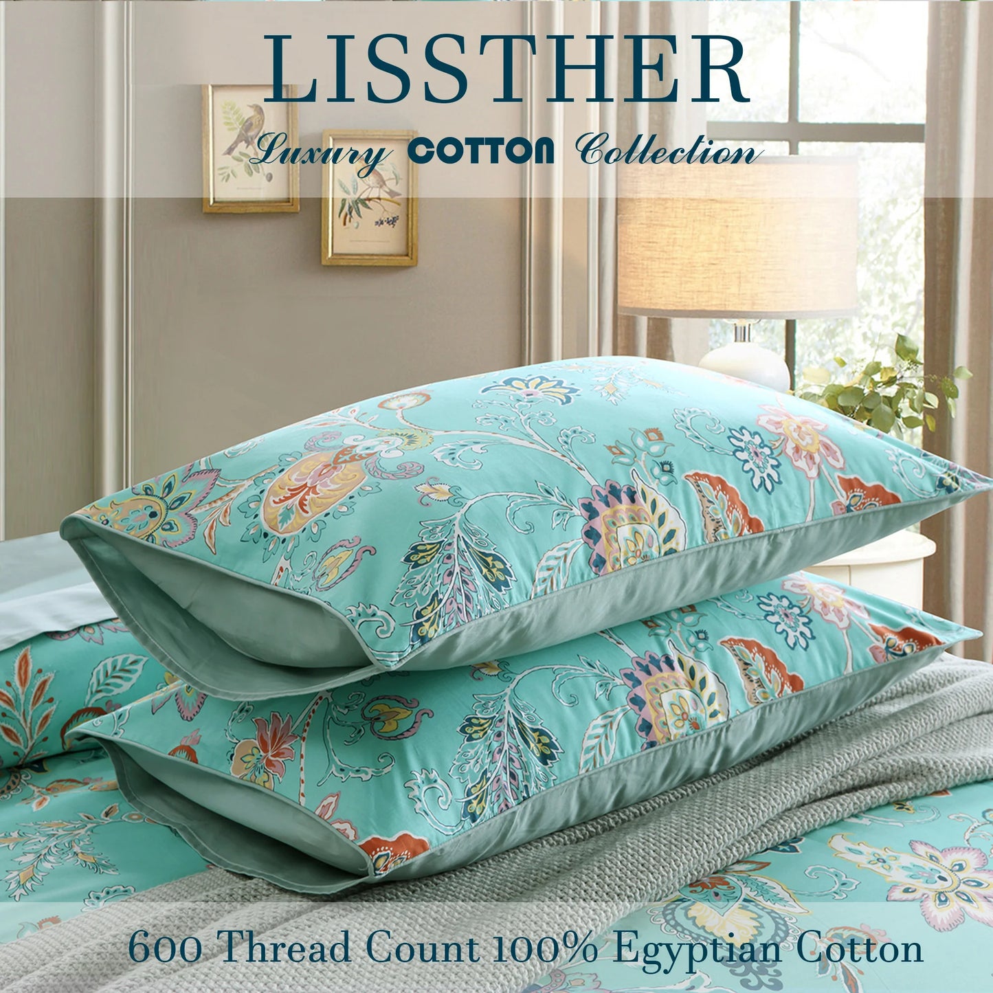 3pcs 600TC 100% Egyptian Cotton Duvet Cover Set, Vintage Cyan Paisley Floral, Soft Breathable Skin-Friendly (No Inserts)