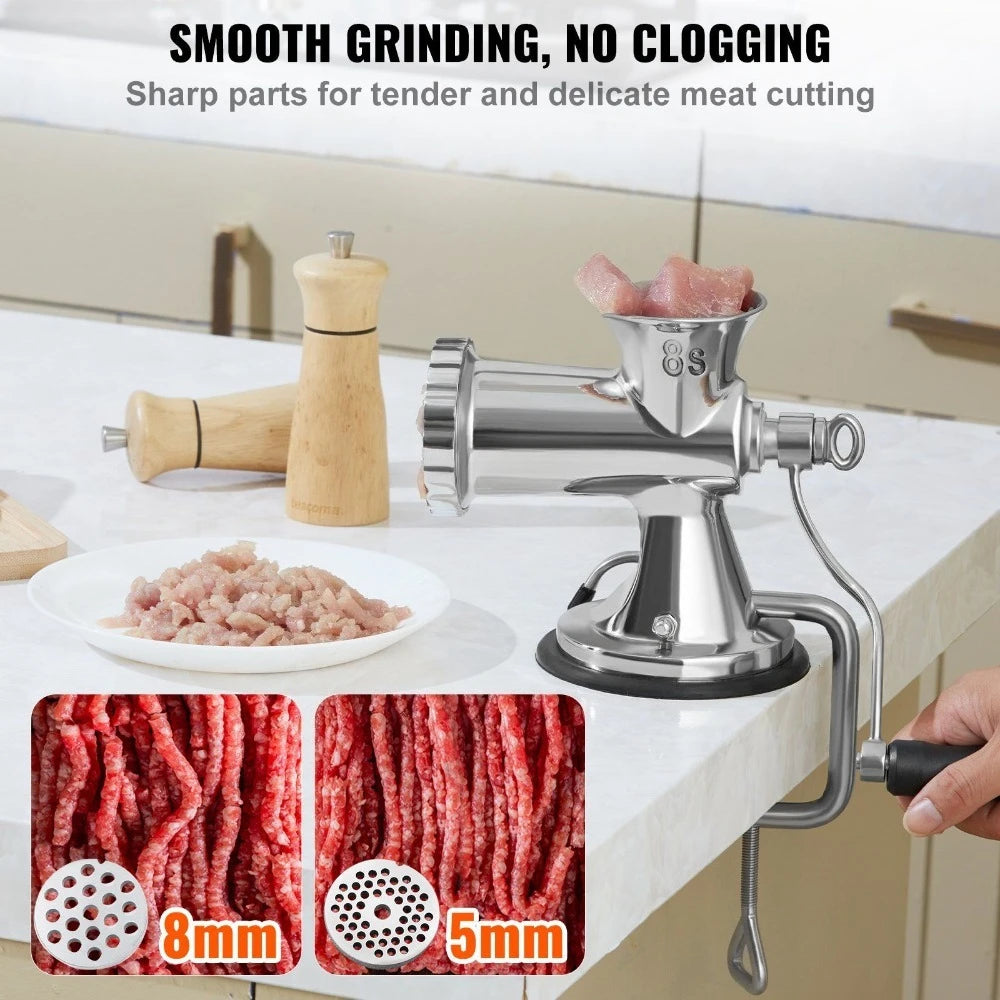 Manual Meat Grinder, 304 Stainless Steel Hand Meat Grinder with Suction Cup + Steel Table Clamp, Meat Mincer Sausage Maker