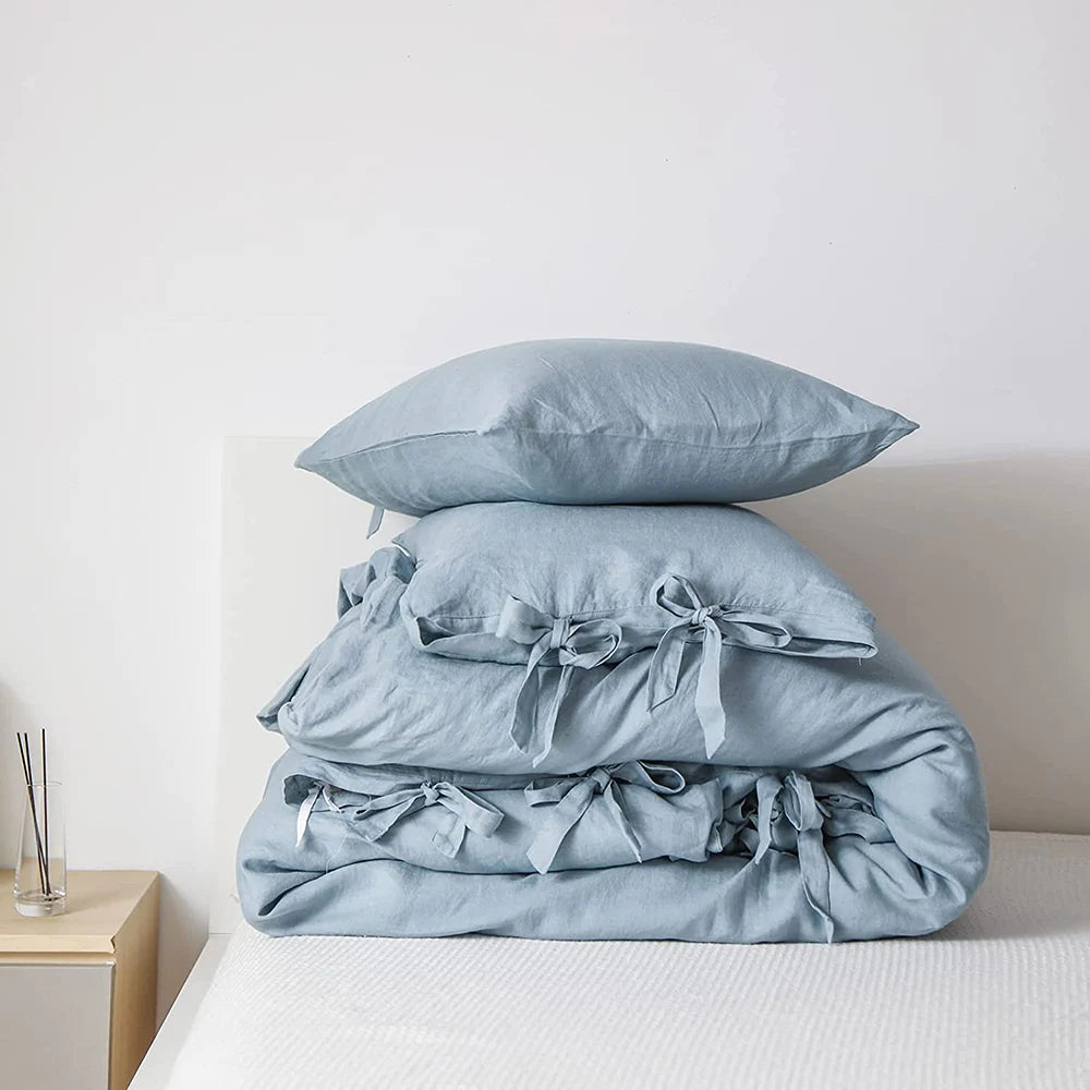 Simple&Opulence 100% Linen 3Pcs Bedding Set Natural Flax Breathable King Size with Coconut Button Comforter Duvet Cover Set