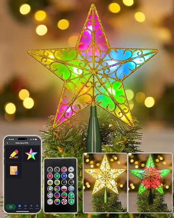 9" Christmas Tree Toppers Star with Smart APP Control 3D Gold Tree Topper for DIY, Dimming, Music, Timer, LED Multicolor Christm
