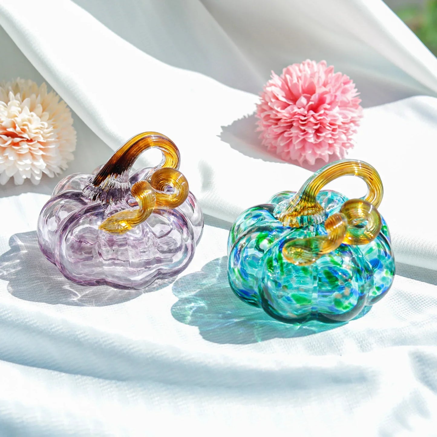 Color Crystal Pumpkin Figurine Collectible Hand Blown Glass Pumpkin Ornament Fall & Harvest Thanksgiving Halloween Gift