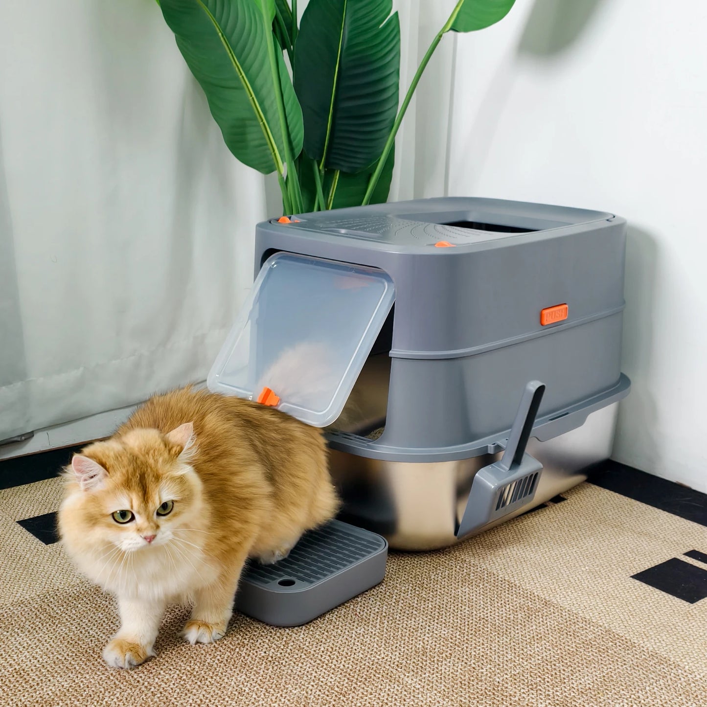 Extra Large Stainless Steel Cat Litter Box Full Enclosed Cat Litter Tray Pan High Sided Enclosure Removable Lid with Scoop