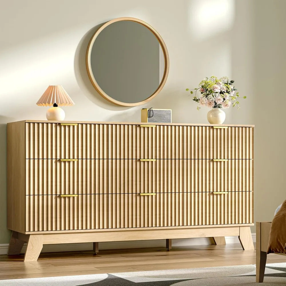 Fluted Dresser for Bedroom with 9 Drawers, 57" Nature Wood Dressers Chest of Drawers, Mid Century Modern Dresser TV Stand, Boho