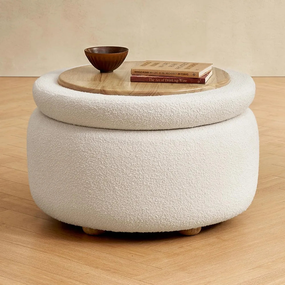 Luna Round Ottoman with Storage and Tray, Round Coffee Table with Storage, Upholstered Foot Stools Ottoman for Living Room, Bed
