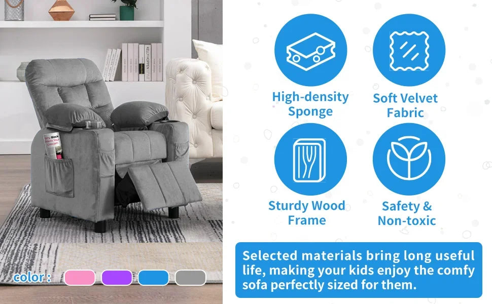 Toddlers Kids Recliner Chair Ergonomic Adjustable Chair Footrest & Side Pockets Baby Sofa for Boys and Girls Bedroom (Gray)