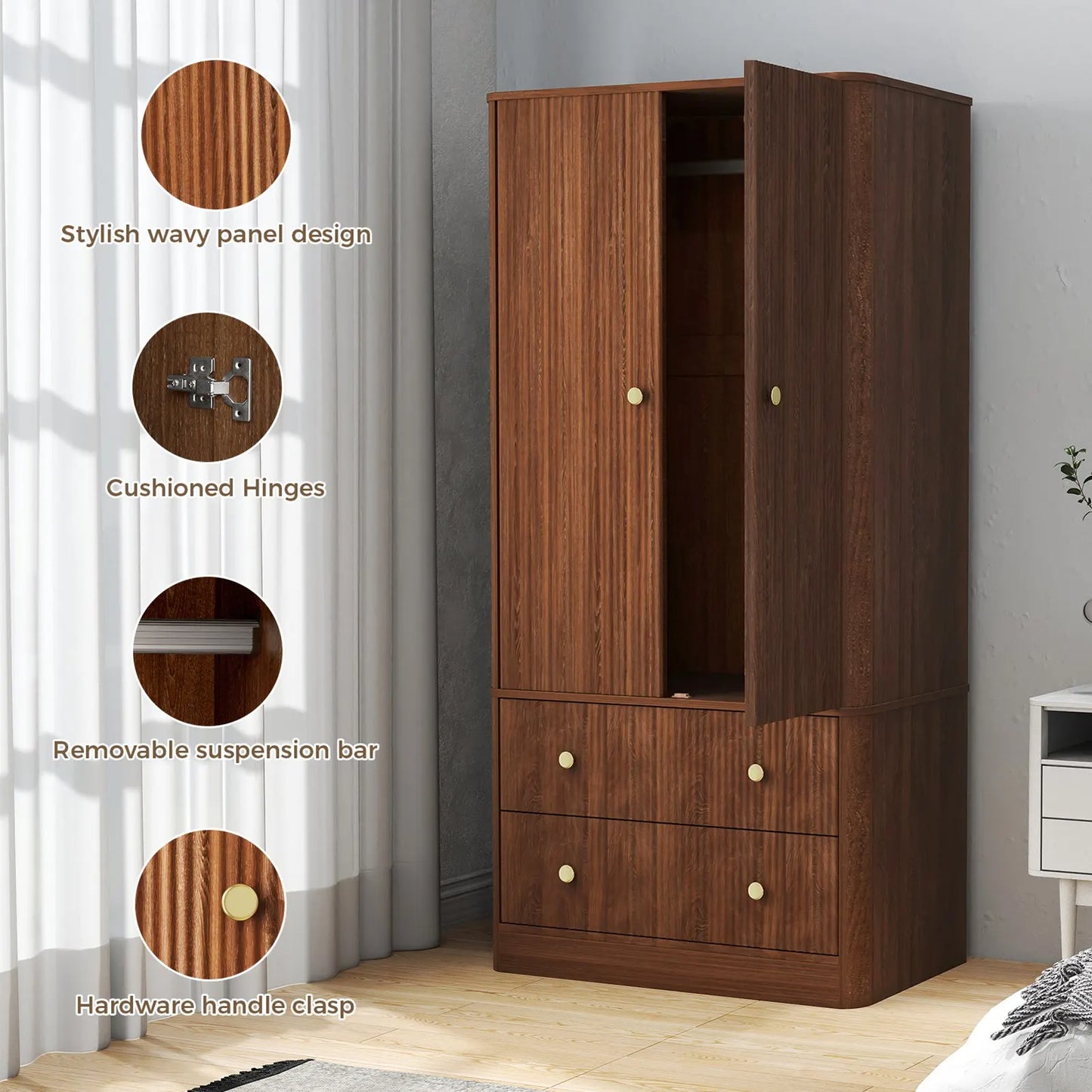 Clothing Wardrobe 2 Doors 2 Drawers Elegant Wooden Freestanding Storage Cabinet for Bedroom Living Room Office Walnut