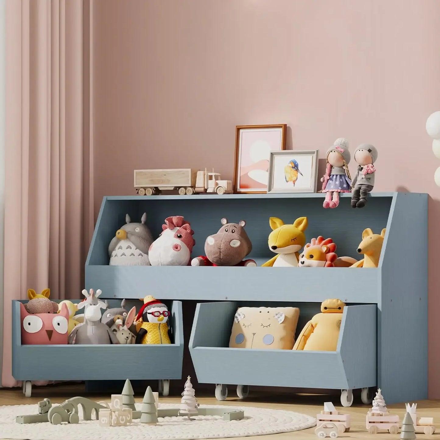 Kids Toy Storage Cabinet With Two Movable Drawers Bookcase
