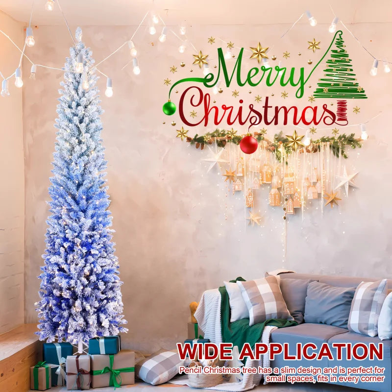 7FT Blue Gradient Flocked Pencil Christmas Tree with 300 Warm White LED Lights . Slim Space-Saving Holiday Tree