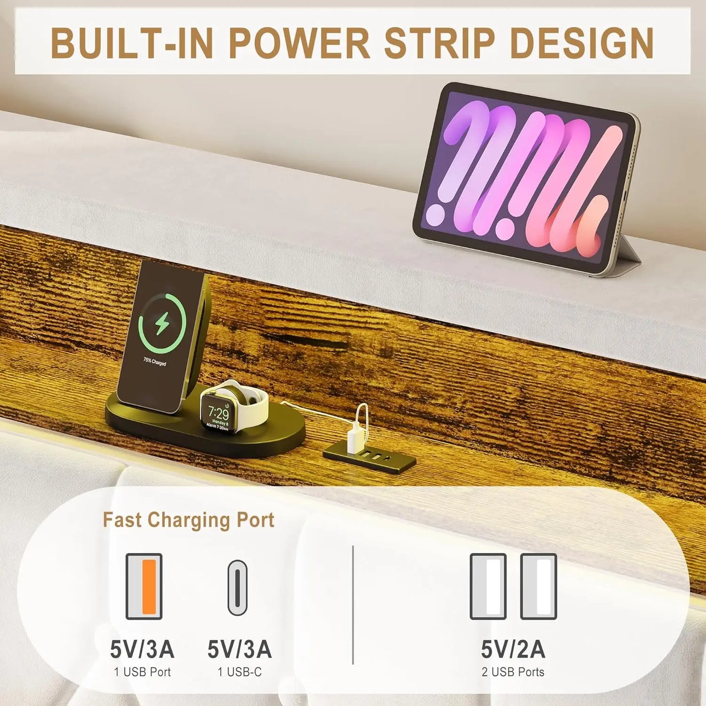 Bed Frame with Headboard and LED Lights Upholstered Platform Bedframe with Charging Station No Box Spring Needed Easy Assembly W