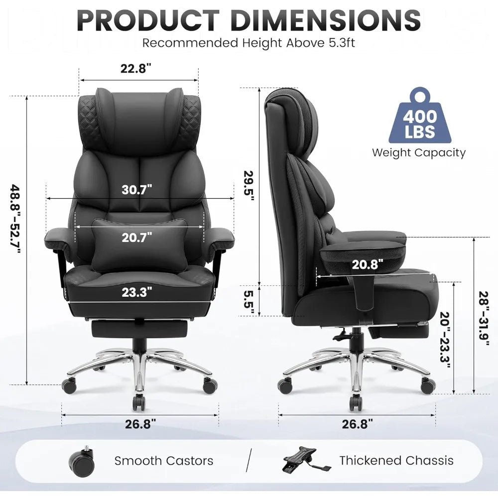 Office Desk Chair, Big and Tall Leather Gaming Chair with Footrest, Wide Ergonomic Comfy Executive High-Back Reclining Computer