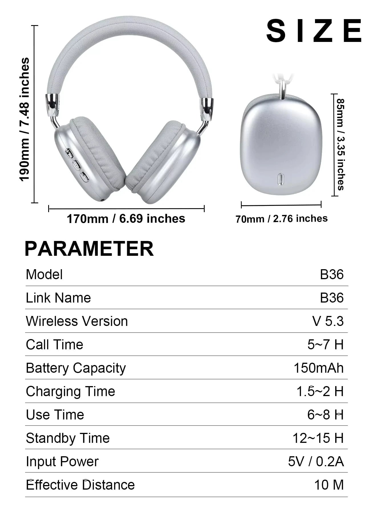 B36 Wireless Bluetooth 5.3 Noise Cancelling Over-Ear Headphones with ANC & Long Battery Life