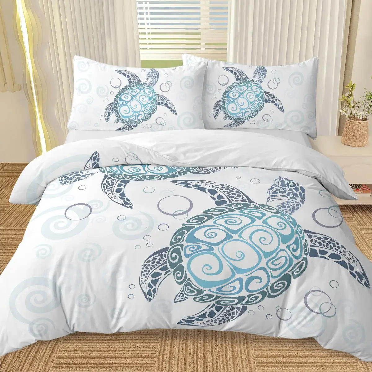 Aqua Teal Sea Bedding Set - 3 Piece Full Size Duvet Cover with Pillowcases, Ocean Theme Comforter Set