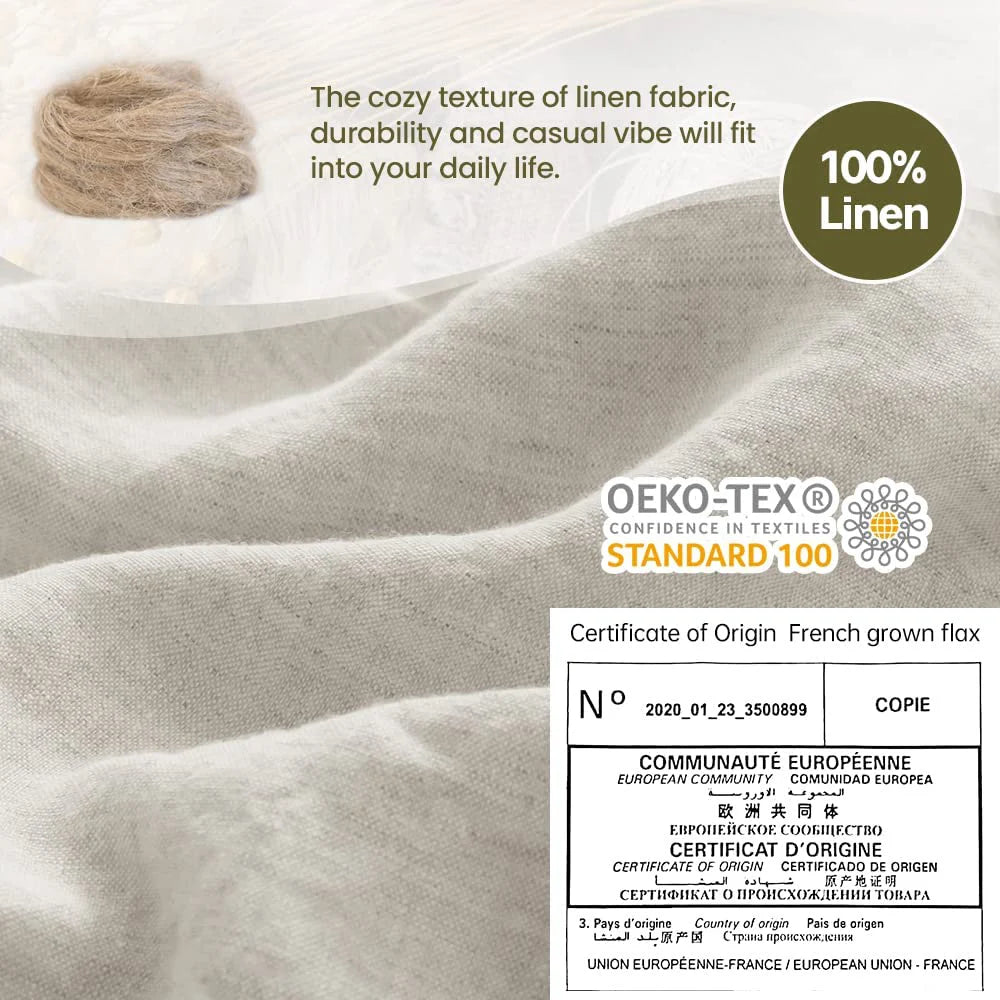 Simple&Opulence 100% Linen 3Pcs Bedding Set Natural Flax Breathable King Size with Coconut Button Comforter Duvet Cover Set