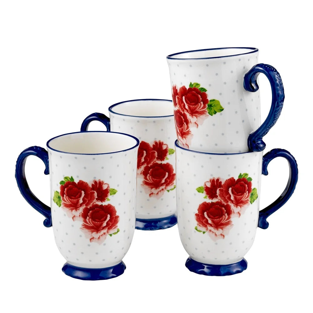 Heritage Floral 4-Piece Mug Set Vintage Coffee Tea Cups Dishwasher Microwave Safe Stoneware Charming Gift Kitchen Essentials