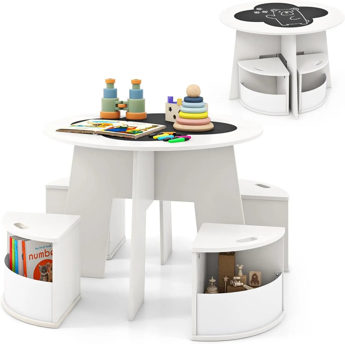 Toddler Table and Chair Set with 4 Storage Stools, Wooden Flower Shaped Nesting Table with Blackboard Drawers,