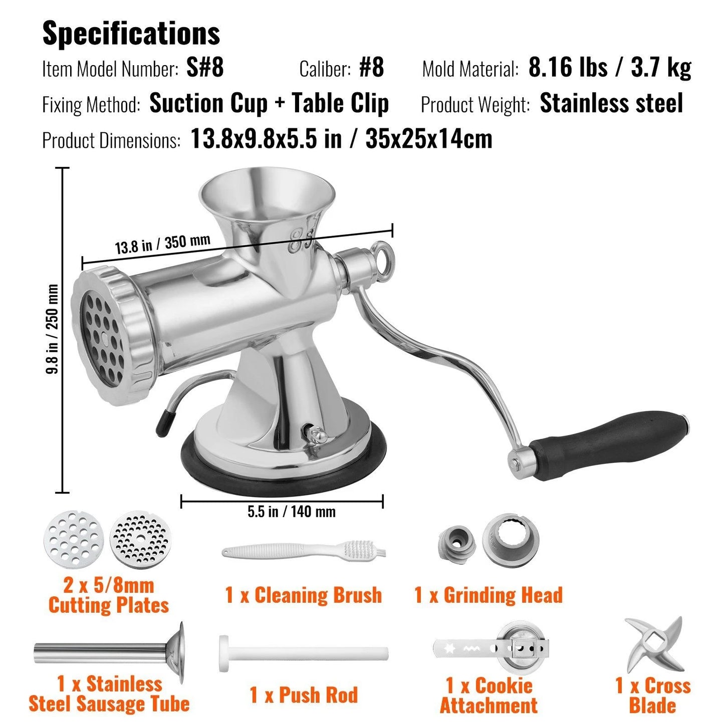 Manual Meat Grinder, 304 Stainless Steel Hand Meat Grinder with Suction Cup + Steel Table Clamp, Meat Mincer Sausage Maker