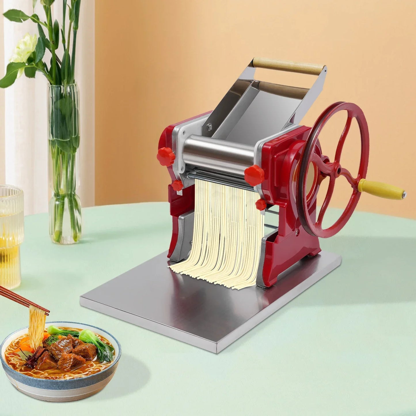 Pasta Maker Machine 0.5-5mm Adjustable Thickness Manual Roller Noodle Cutter Stainless Steel Pasta Press for 5-10 People Use