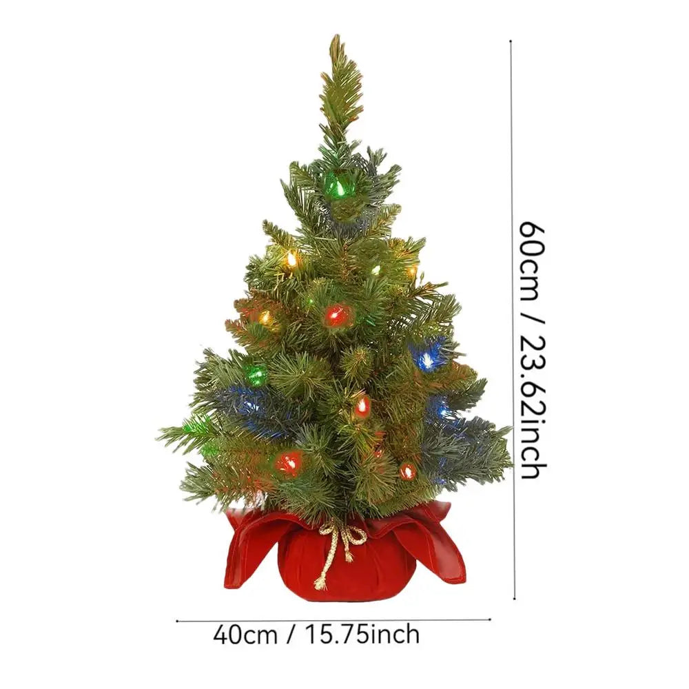 Pre-Lit Artificial Pine Christmas Tree . 60cm Mini Tabletop Christmas Tree with Warm LED Lights & Burlap Base