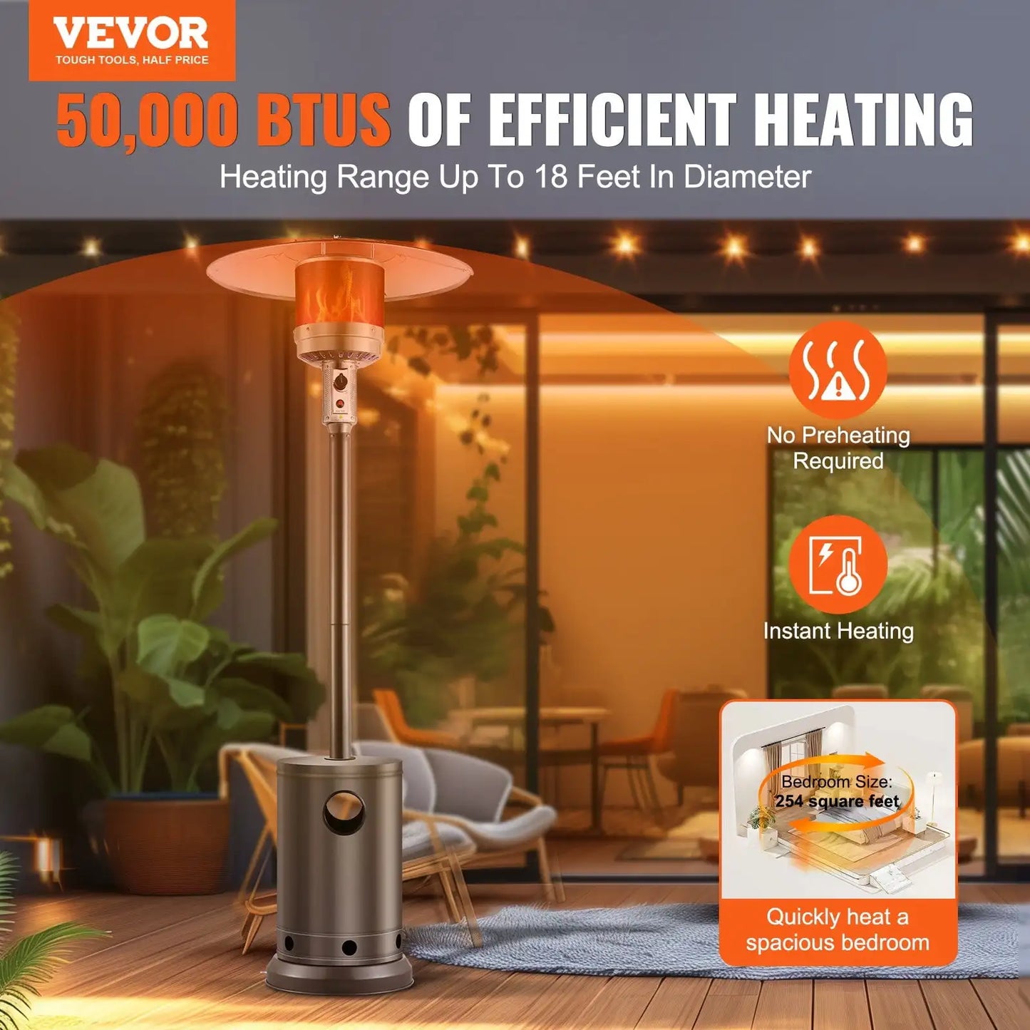 Propane Patio Heater 50000BTU Tall Hammered w/Round Table Outdoor Bronze