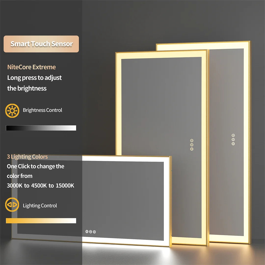 LUVODI Large Gold Framed Bathroom Mirror Fogless Smart Touch Illuminate Full Body Dressing Mirror