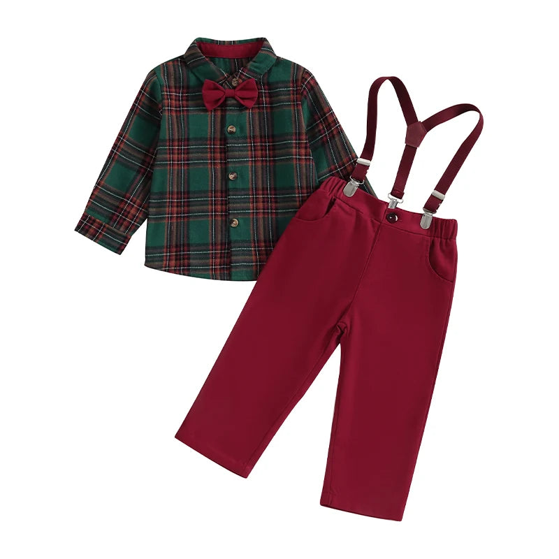 2023-10-20 Lioraitiin 1-7Y Kids Boys Christmas Outfit Plaid Bowtie Lapel Button-Down Shirts Tops Solid Suspender Pant 2Pcs