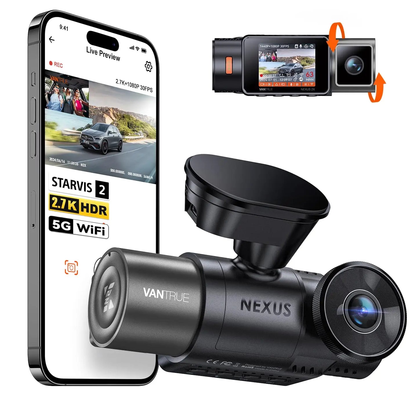 Vantrue N2X 2.7K HDR Dashcam Front and Inside 5G WiFi Dual Dash Camera with IR Night Vision STARVIS 2 Voice Control 60FPS GPS