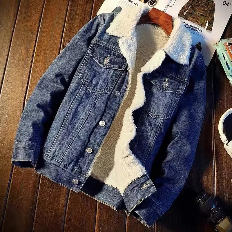 Vintage Sherpa Lined Men’s Trucker Jacket . Warm Casual Denim Coat for Everyday Comfort