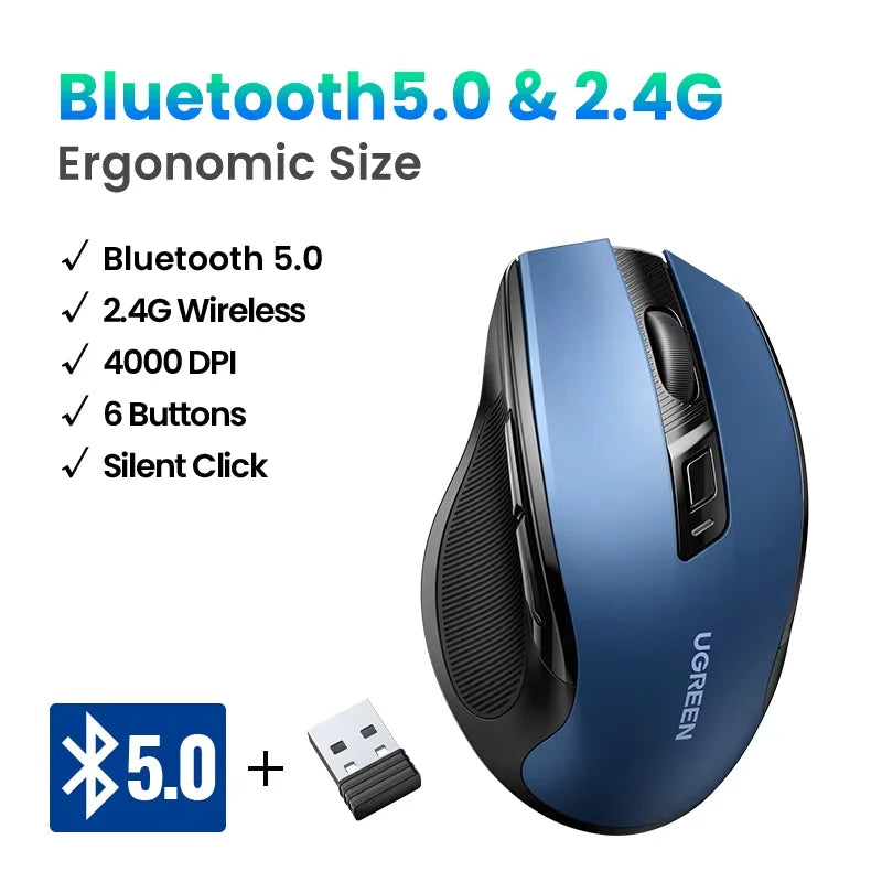 UGREEN Bluetooth Wireless Mouse – Ergonomic Silent Rechargeable Mouse for Laptop & PC