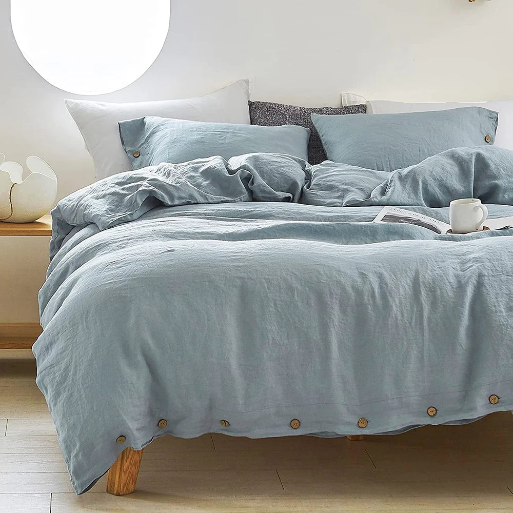 Simple&Opulence 100% Linen 3Pcs Bedding Set Natural Flax Breathable King Size with Coconut Button Comforter Duvet Cover Set