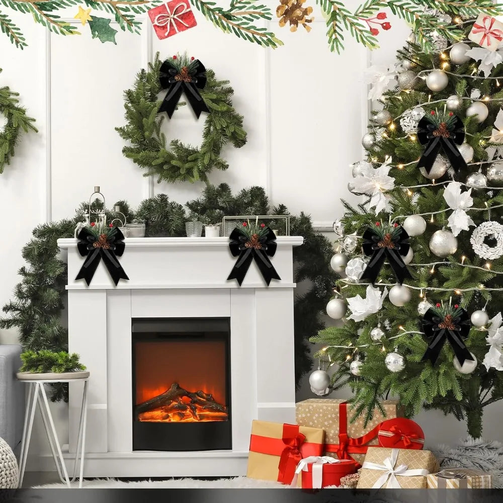 6 Pcs Christmas Bows with Pine Cones Pine Needles Black Xmas Velvet Bows Elegant Ribbon Christmas Tree Wreath Decoration for Xm
