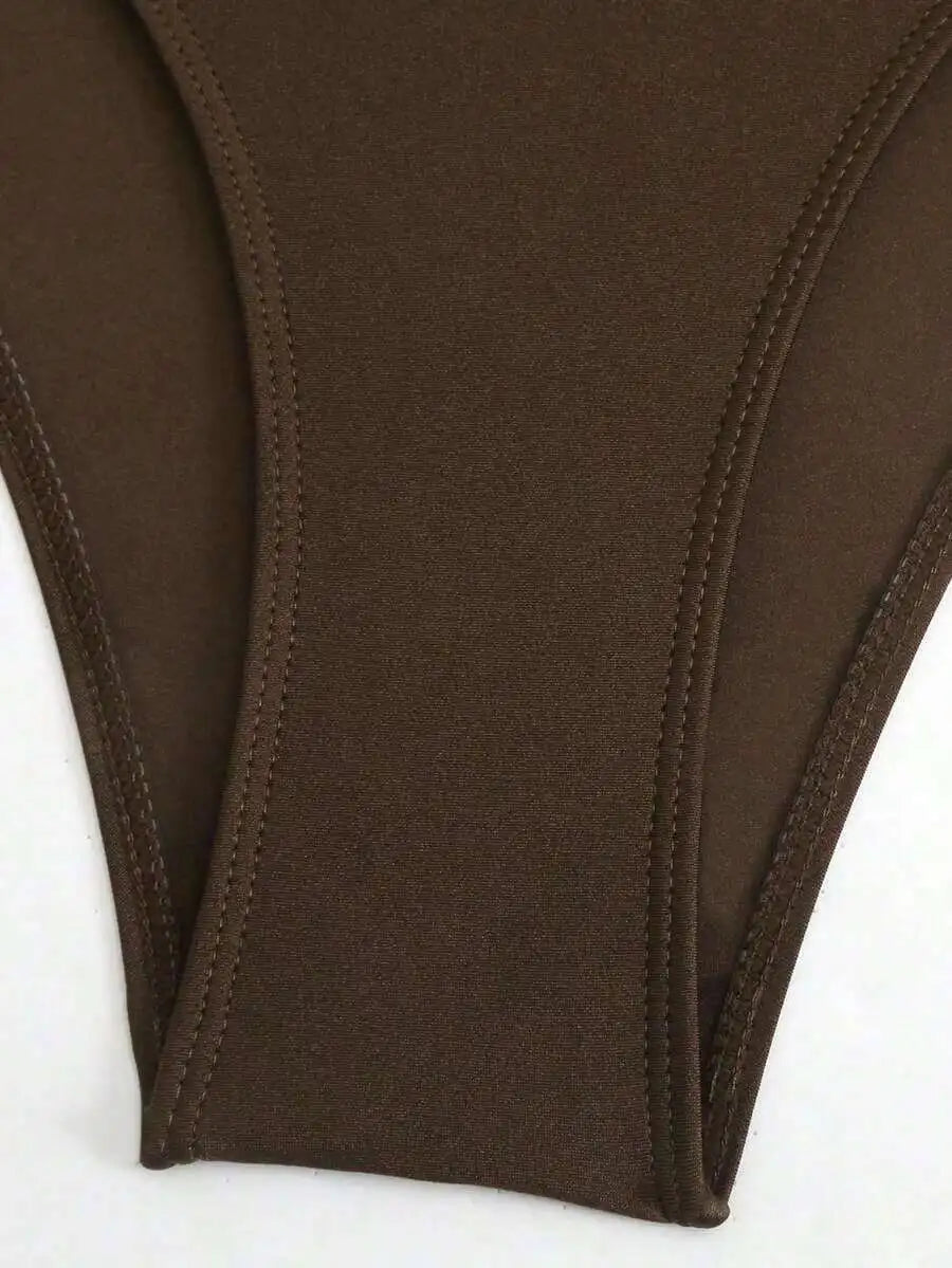 Women’s Brown Deep V-Neck Ruched One-Piece Swimsuit with Sheer Cover-Up | Beach & Resort Swimwear
