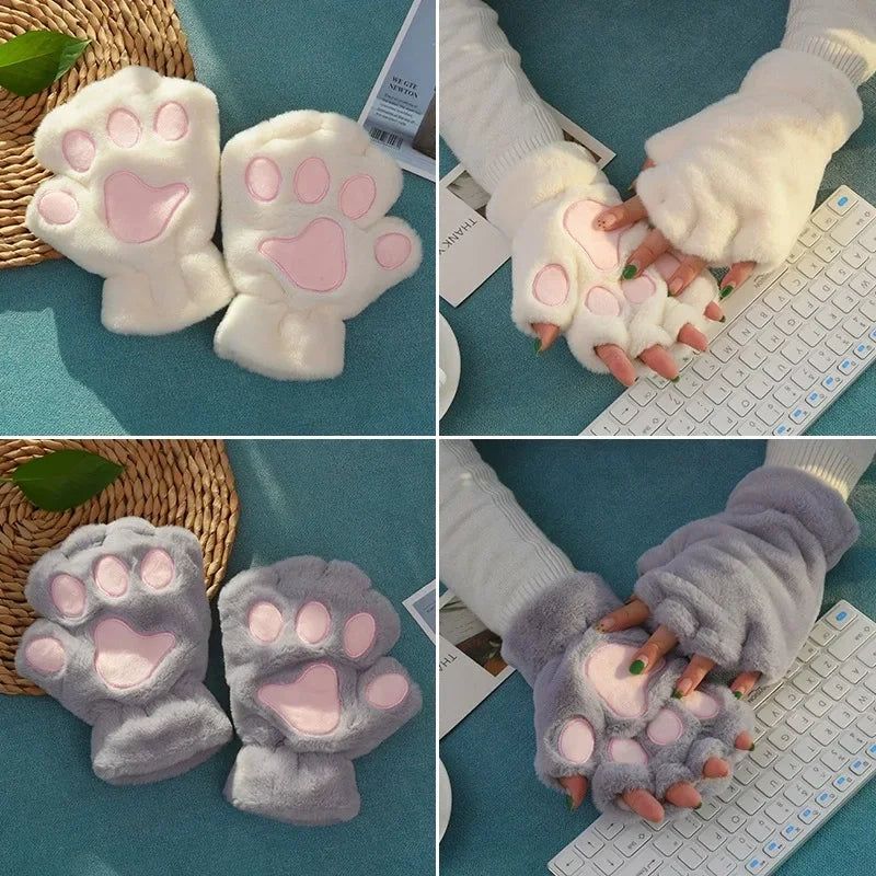 Lovely Plush Cat Claw Paw Gloves Short Fingerless Mittens