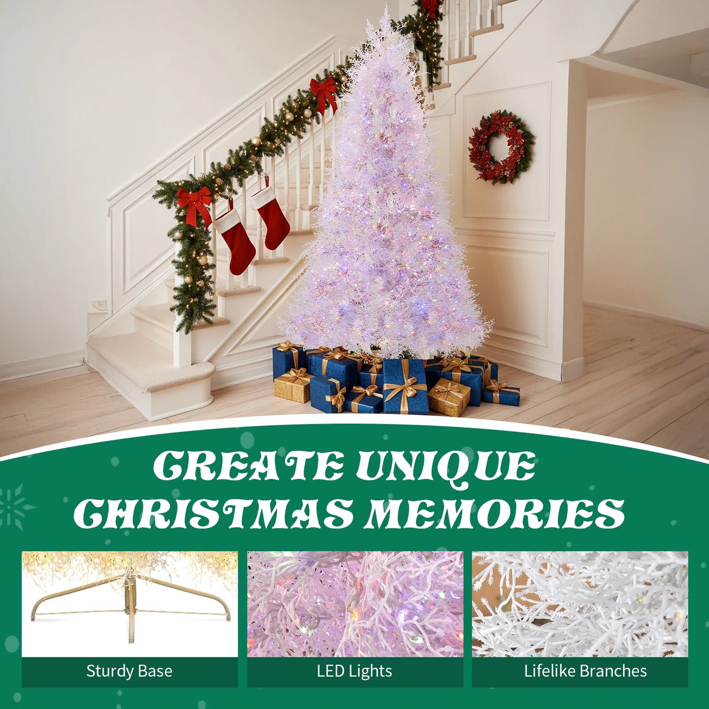 7FT Pre-Lit Artificial Christmas Tree with 400 LED Lights .3 Color Modes & Dimmable Holiday Lighting