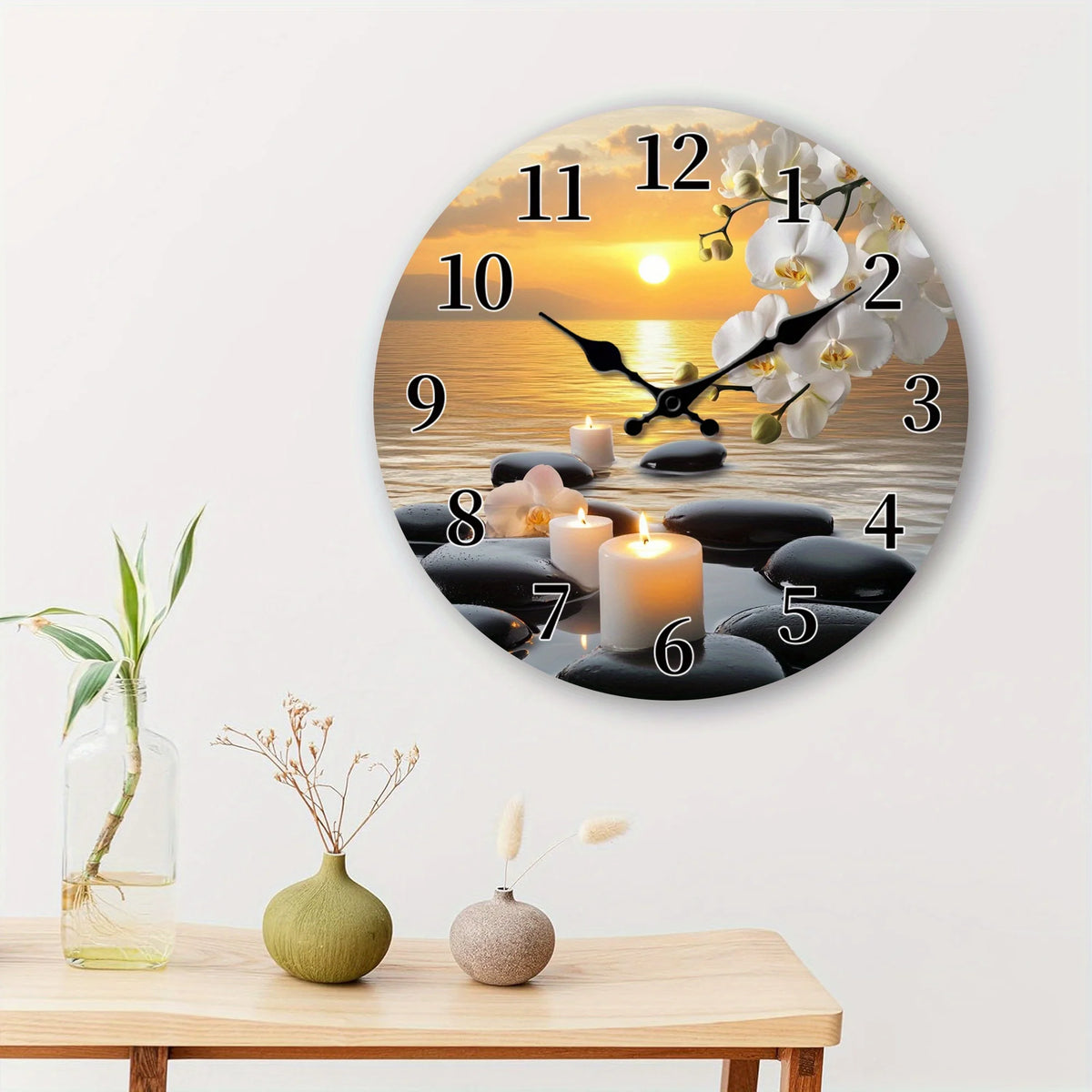 Title: Sunset Orchid Wall Clock – Floral Round Clock for Home Décor