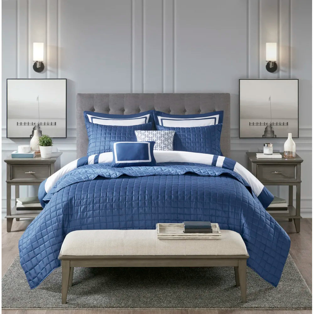 8 Piece Comforter and Quilt Set Collection Navy Full/Queen
