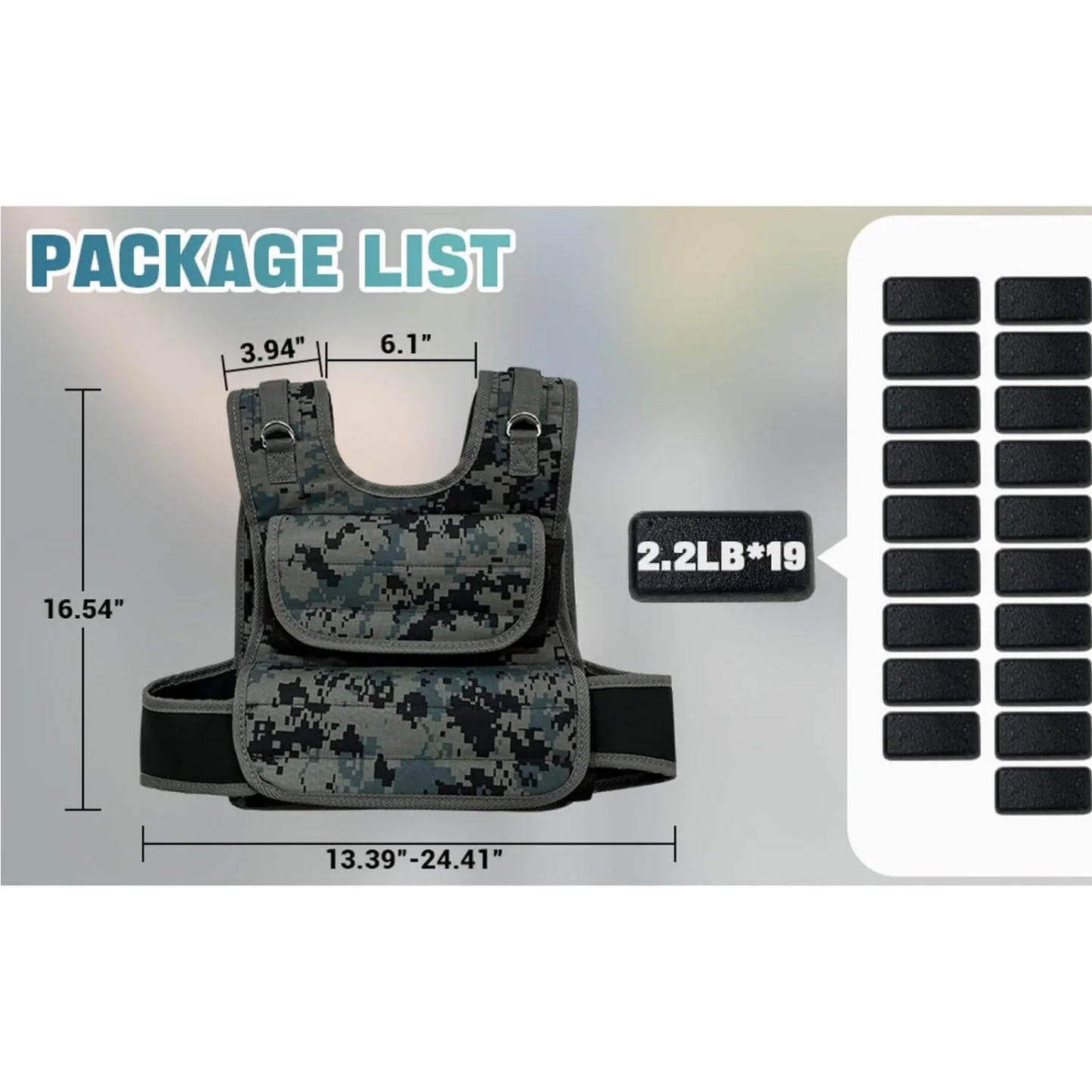 Adjustable Weighted Vest 44 LB With 19 Cast Iron Weights
